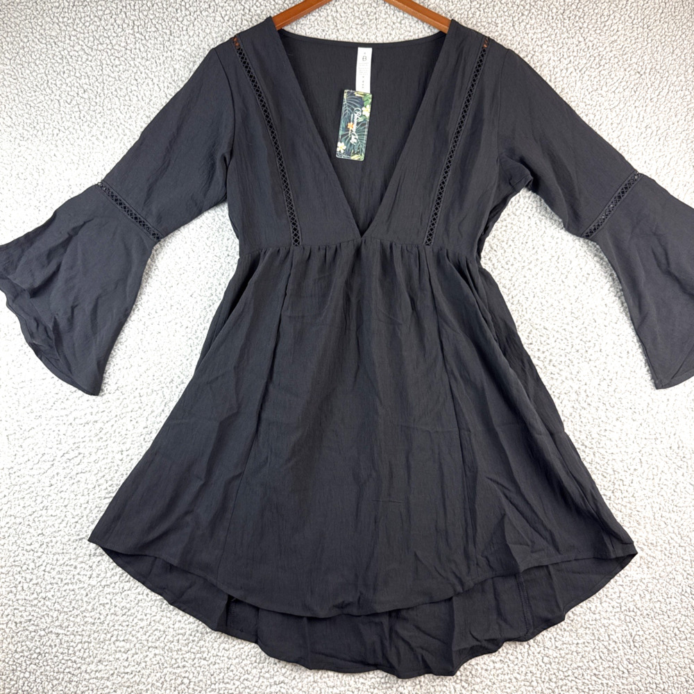 Blooming Jelly Swim Suit Womens Cover Up Small Deep Vneck Black Bell Sleeve